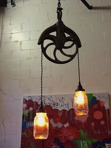 Antique Well Pulley Light with Mason Jars